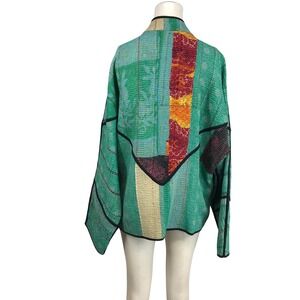 NAMAI Green Patchwork Kantha Quilt Jacket Open Front Boho Artisan Kimono Coat